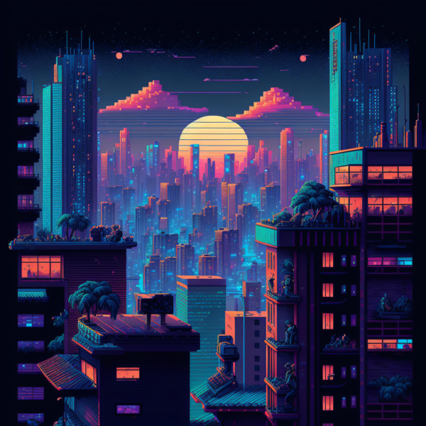 bit pixel art future cyber city vivid color