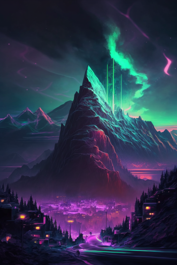 GrameBox graphics Cyberpunk mountain with aura borealis