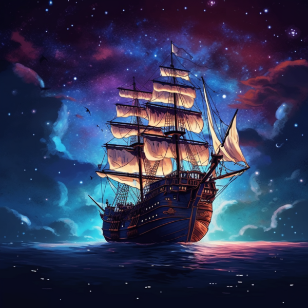 GrameBox graphics Pirate Ship Sailing on the ocean at night